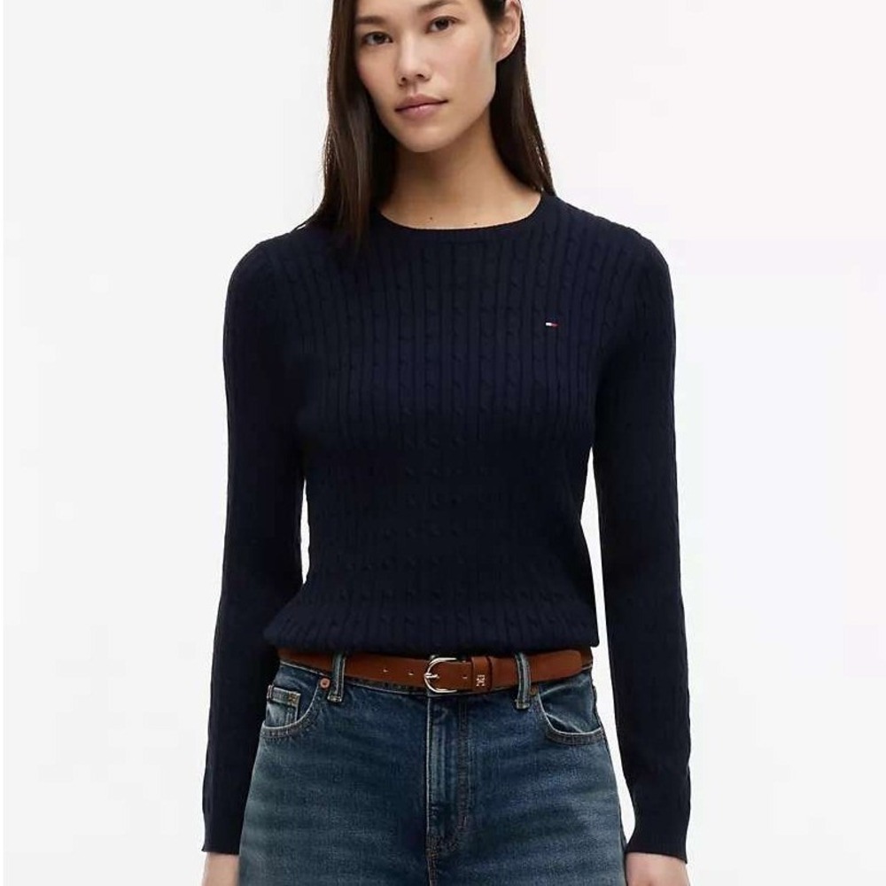Tommy Hilfiger Black Cable Knit Sweater 100% Cotton Preppy Minimalist Womens Med